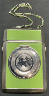 Vtg Terri Green Bakelite Makeup Vanity Case: Vintage c. 1930s Terri vanity case makeup compact. Green Bakelite and silver tone metal. Compartments for powder, lipstick, blotting paper, and other makeup accessories with mirrored metal interior. M