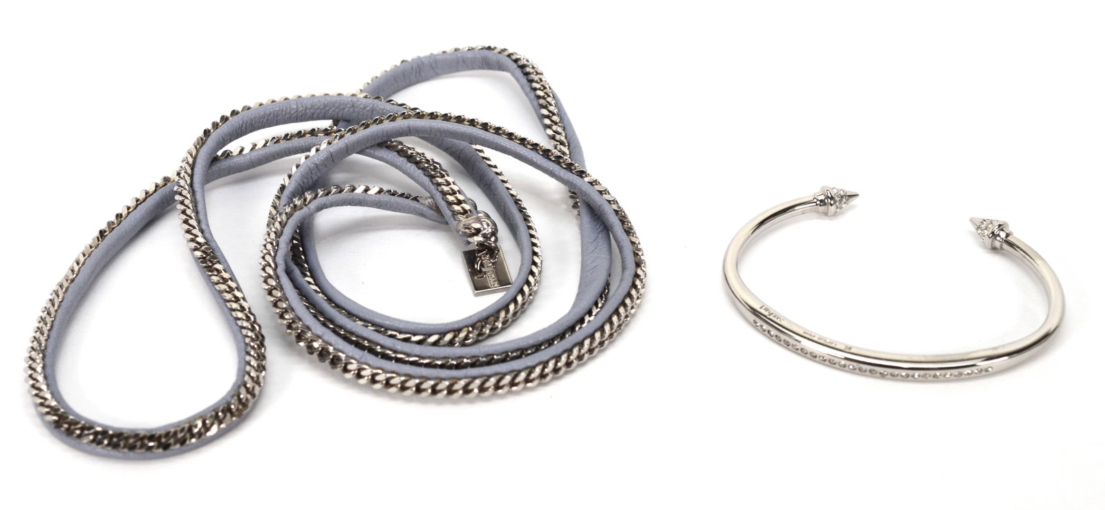 Vita Fede Leather & Stainless Steel Bracelets: Vita Fede Leather Capri Wrap Bracelet in Pale Indigo. One size, adjustable. Titan stainless steel bracelet with Swarovski crystals. Size M. The bracelet is not flexible. Inside measurement is 5.5IN. O