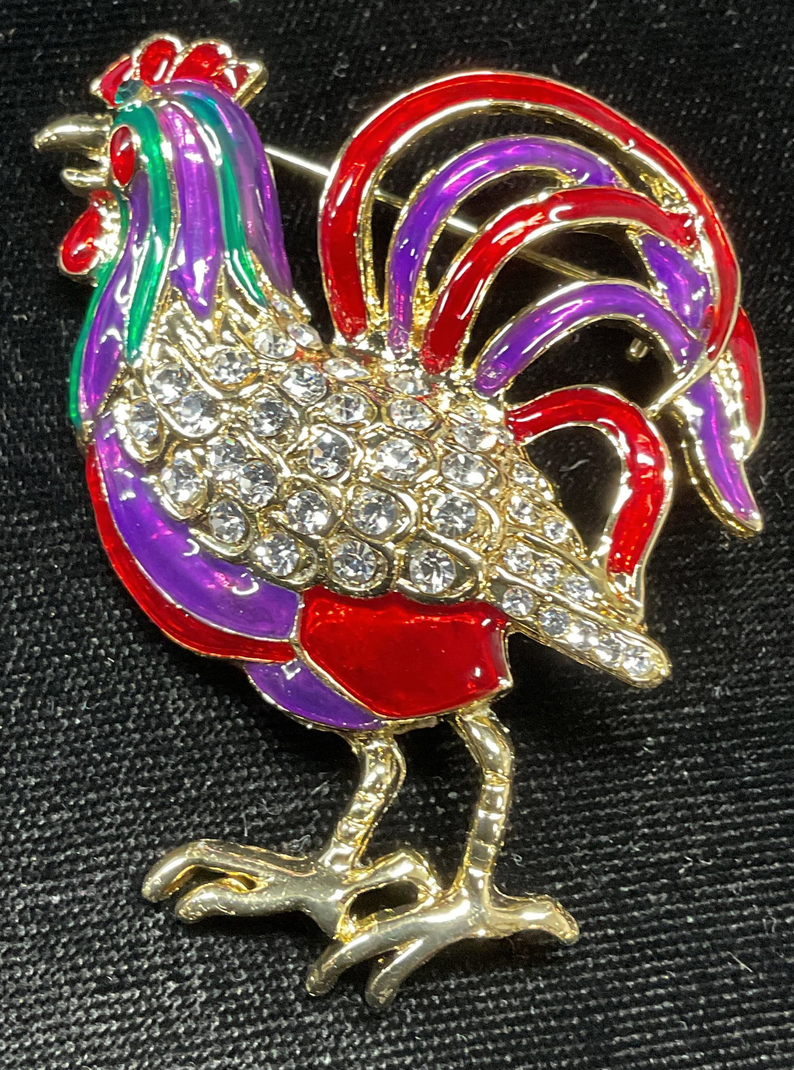 Ali Lang Gold Tone Crystal Rooster Brooch: Ali Lang gold tone crystal and multicolor enamel rooster motif brooch. Signed on underside. Hinge pin on underside. Measures approx. 2.25 x 1.75 inches. Some surface wear including scratching observed