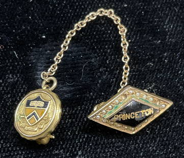 Vtg 10k Gold Princeton Tie Tack Lapel Pin: Vintage 10k gold Princeton tick tack lapel pin with enamel and seed pearls. Marked 10k. Larger pin approx 5/8 x 3/8 inches. Total weight 2.8 grams. Some wear including scratching observed. Some pearls
