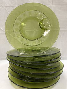 10 Kings Crown Pattern Olive Glass Snack Plate: 10 Kings Crown Pattern Olive Glass Snack Plate 10 snack plates that have an olive green color. Plate has a raised pattern & have a circular depression to hold snacks or a small container. Surface wear