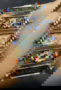 Vtg Floral Motif Crystal Panel Stretch Bracelet: Vintage Floral Motif Crystal Panel Stretch Bracelet. Decorated with colorful crystals, beads, enamelwork, and iridescent shards. Diameter measures approx. 2.25 inches. Surface wear and discoloration p