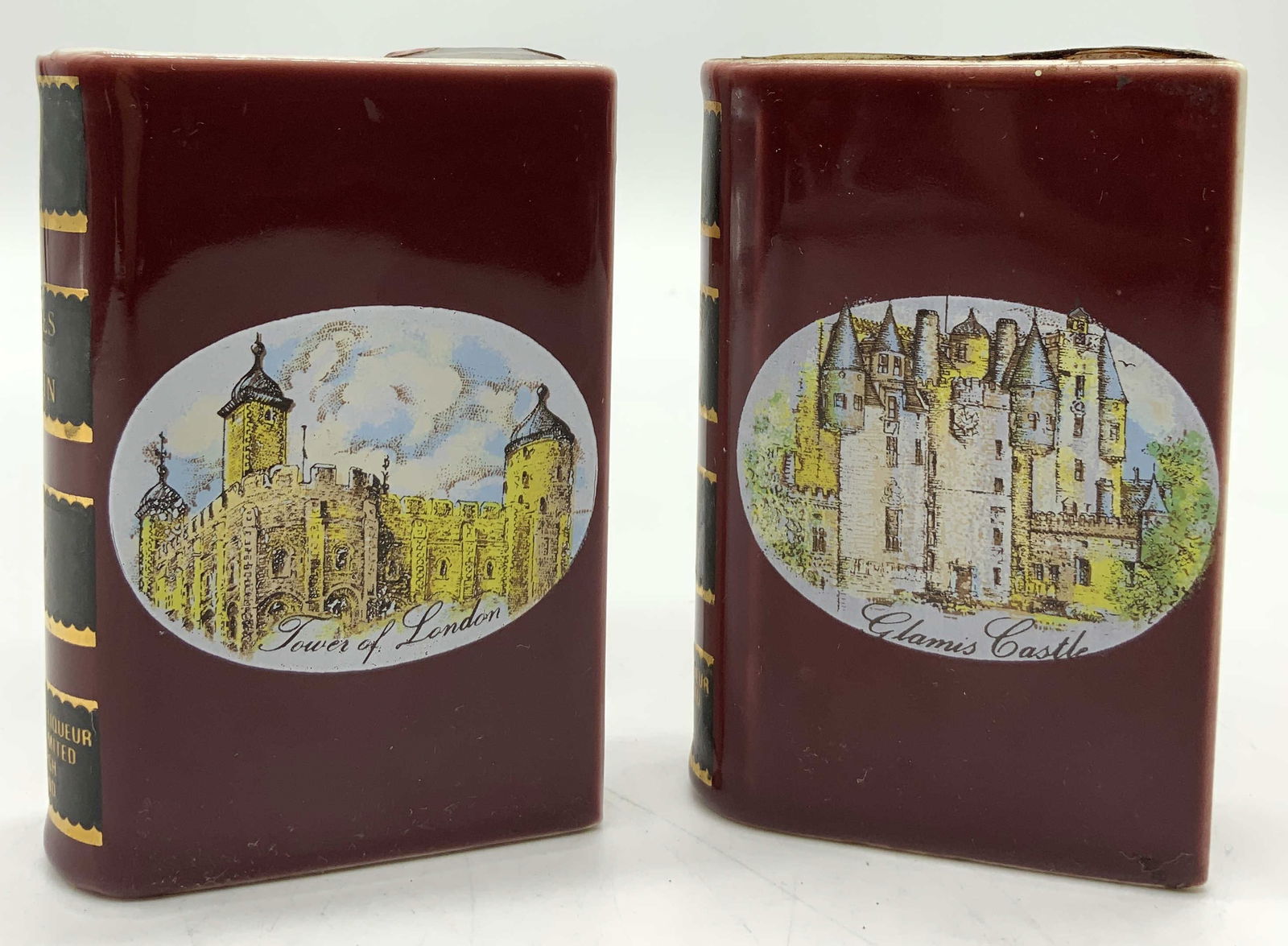2 British Airways Miniature Book Concorde Flask: 2 British Airways Miniature Book Concorde Flask 2 decorative concorde flasks shaped as books. Books have illustrations of Glamis castle & Tower of London. Signed & marked. Surface wear consistent to a