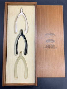 LORNA SIMPSON lll 1994 Wishbone, Original Box: Lorna Simpson (American, born 1960). III (Three Wishbones in a Wood Box), 1994. Wood, felt, ceramic, bronze and rubber. Contained in original packaging. Simpson produced III for the collector Peter No