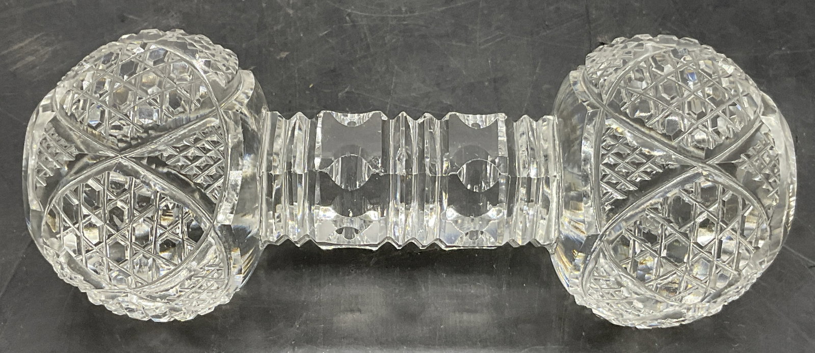 Vintage Cut Glass Knife Rest / Paperweight: Vintage Cut Glass Knife Rest / Paperweight. Measures approx. 2H x 4.5W in. Measured at widest point. Chipping and surface wear present. home decor, home accents, homewares, housewares, home accessorie