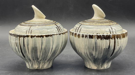 Pr Vintage Hand Painted Ceramic Lidded Sugar Bowls: Pair of Vintage Hand Painted Ceramic Lidded Sugar Bowls. Primarily gray, brown, and off white hues. Measures approx. 5H x 4.5W in. Losses to finish, discoloration, crazing, residue, and surface wear p
