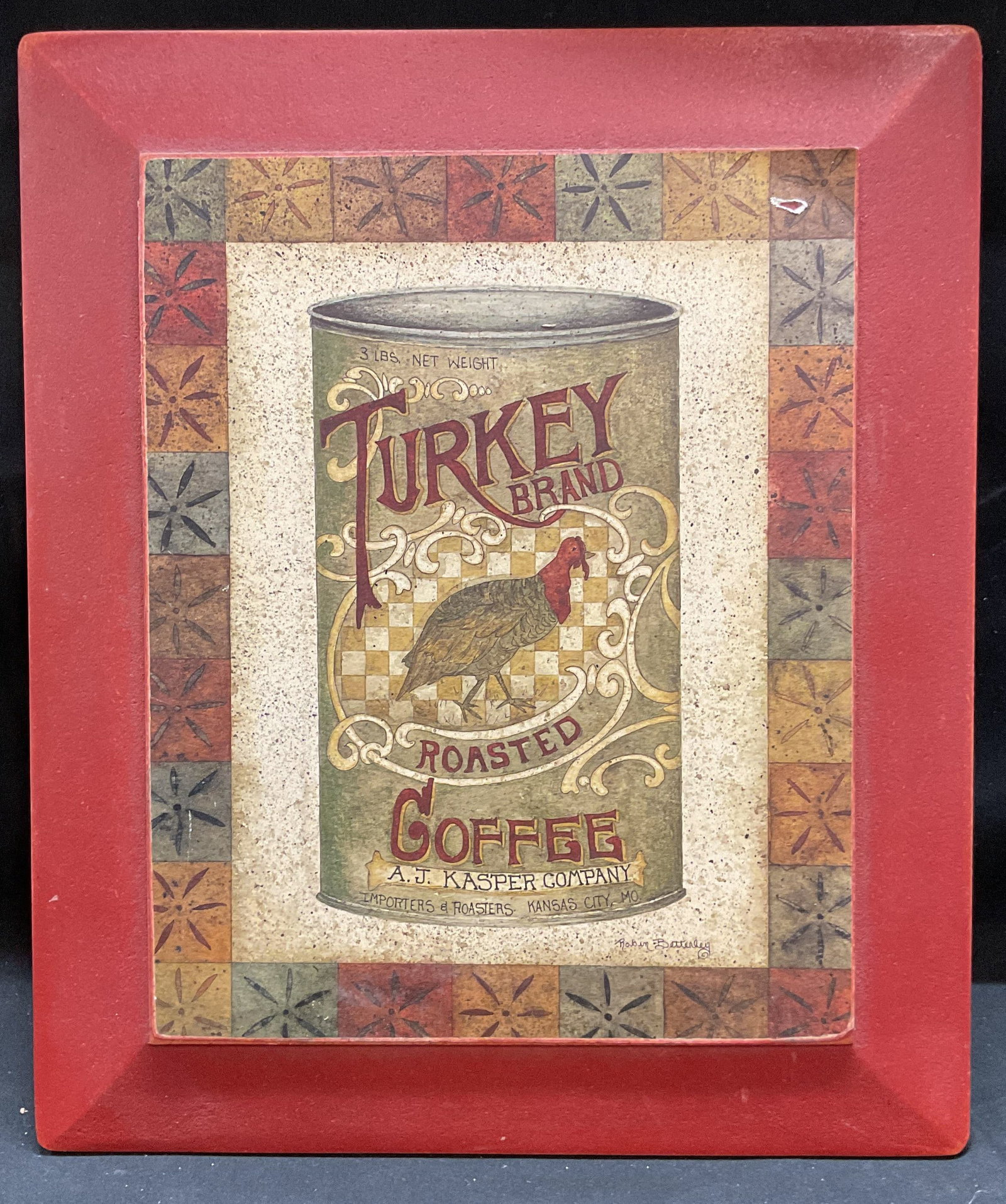 Betterly Turkey Brand Roasted Coffee Lithograph: Lithograph on wood board. Turkey Brand Roasted Coffee. Coffee can. Artist signature in print Robin Betterly. Board measures approx 12.5 x 10.5 inches. Some scratching and areas of loss. Art, print, tu