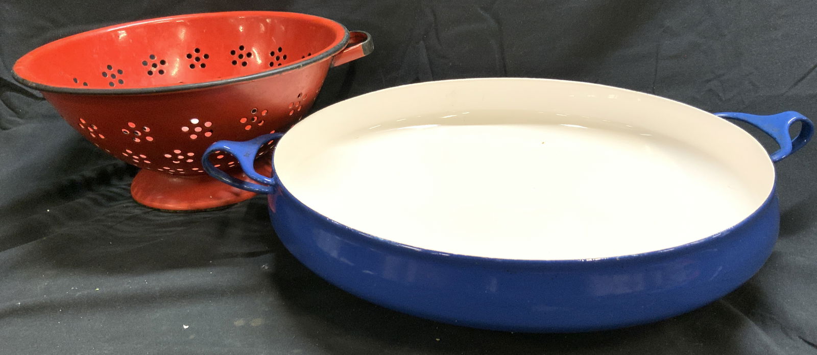 Vintage Enamel DANSK Designs France Pan & Colander: Underside of pan is marked DANSK. Piece is blue toned and enamel with white toned interior. Pam has 2 handles. Colander is red toned and enamel. Colander is footed & has 1 handle. Pan measures approxi