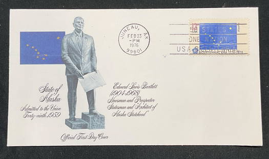 1976 Alaska First Day Cover Vintage Stamp: 1976 official First Day cover for Alaska, 49th state admitted 1959. Commemorative cover with vintage stamp and image of Edward Lewis Bartlett. Cover measures approx 3.5 x 6.5 inches. Some wear consist