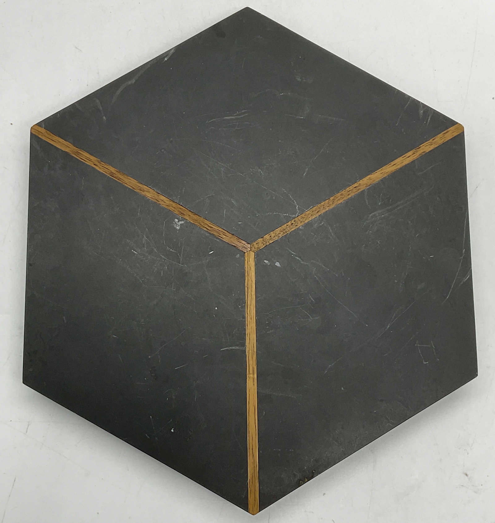 Black Stone & Wood Inlay Hexagonal Trivet: Black Stone & Wood Inlay Hexagonal Trivet. Measures approx. 10.5L x 9W in. Partial sticker to underside. Surface wear, chipping, and residue present. home decor, home accents, homewares, housewares, h