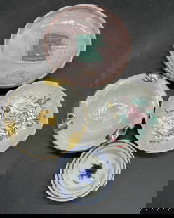 4 Vntg Ceramic&Pottery Tableware Air France & More: Four Vintage Ceramic & Pottery Trinket Dishes. The glazed pottery trinket dish is signed on the underside HOTEL METROPOLE ARUXELLES. Largest measures approx. .75H x 3.5W in. One piece features divots