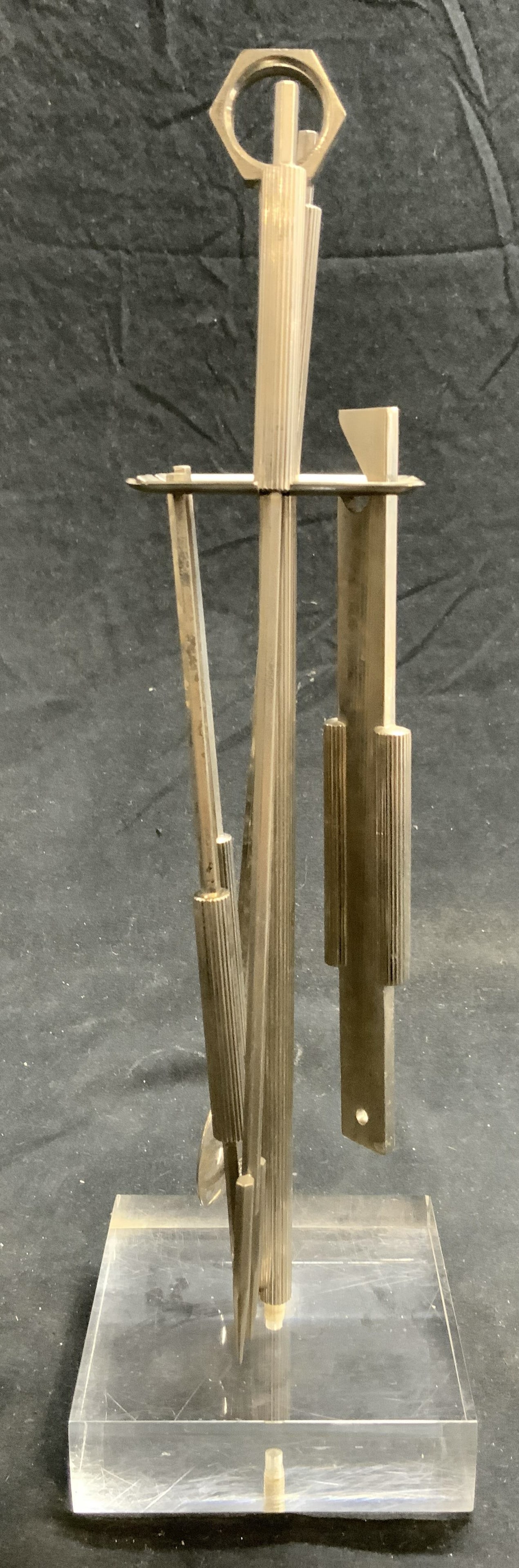 DESIGN PM GIO BRIDGES MCM Set 5 Metal Bar Tools: Bottle opener reads PM ITALY. Set appears to be GIO BRIDGES (no additional inscriptions). Lot includes stand, ice tongs, bottle opener, skimmer & two pronged tool. Each piece is metal. Stand has acryl