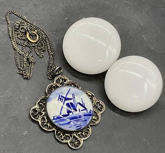 2 Vtg Jewelry, Delft Necklace & Earrings Japan: A vintage signed Delft windmill motif ceramic pendant necklace and white composite button earrings with clip on backings. The clip on backings are marked Japan. The earrings measure approx. 1L x 1W in