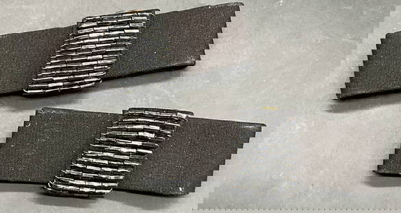 Pr Beaded Fabric Bow Tie Scarf Clips / Shoe Clips: Pair of Vintage Beaded Fabric Bow Tie Scarf Clips / Shoe Clips. Crafted from black fabric, black beads, and metal backings. Measures approx. 2.75W x 1L in. Surface wear consistent with age, use, and e