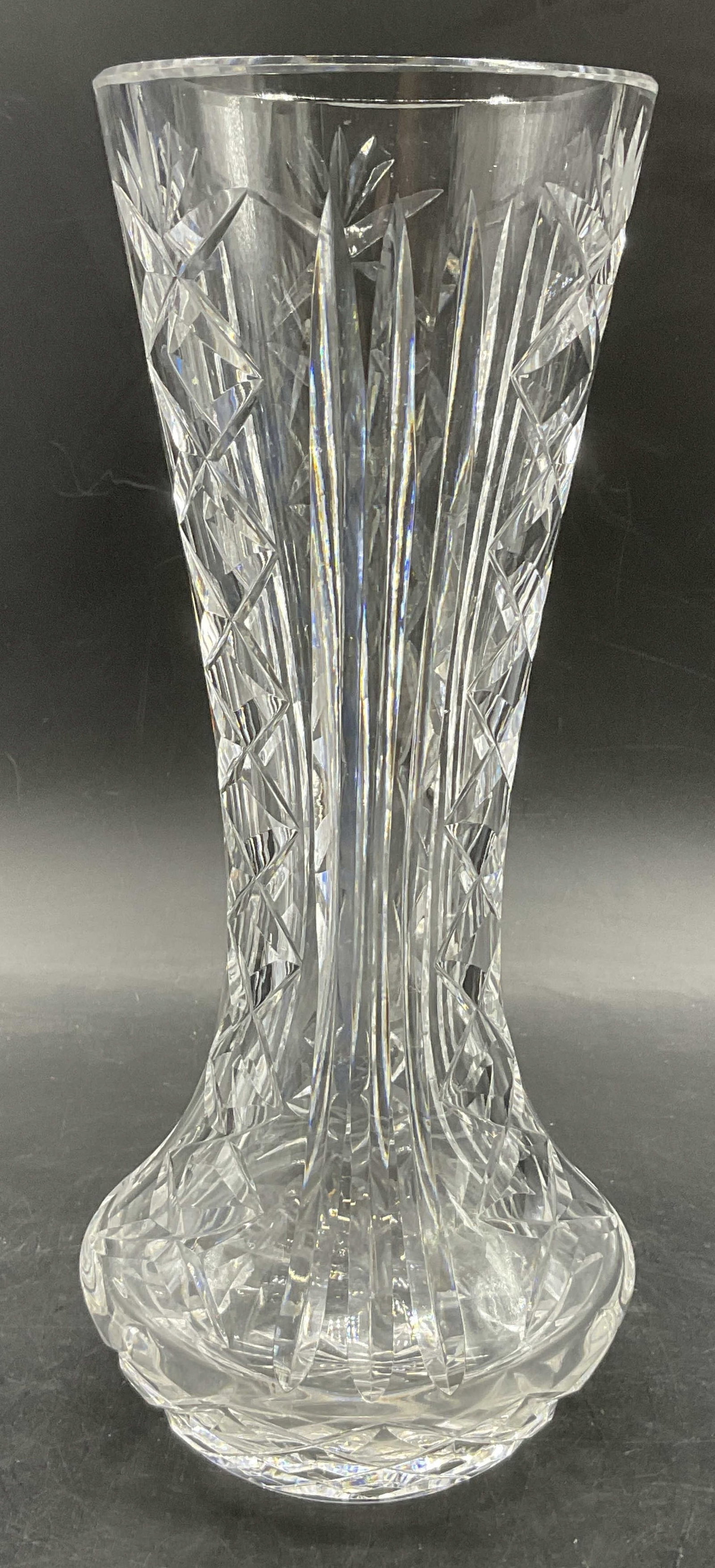 Vintage Cut Crystal Vase: Vintage Cut Crystal Vase. Thick walled and weighty. Measures approx. 10H x 4W in. Measured at widest point. Surface wear, residue, and bubbles to crystal present. home decor, home accents, homewares, 