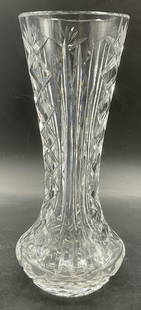 Vintage Cut Crystal Vase: Vintage Cut Crystal Vase. Thick walled and weighty. Measures approx. 10H x 4W in. Measured at widest point. Surface wear, residue, and bubbles to crystal present. home decor, home accents, homewares,