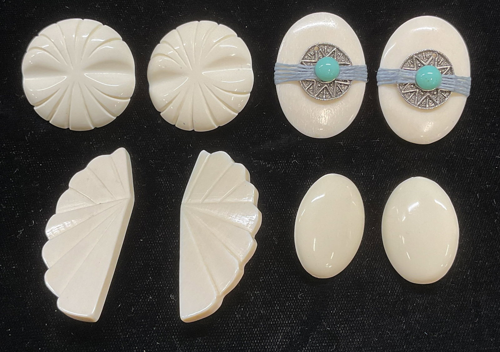 Lot 4 Vintage White & Faux Turquoise Earrings: Lot of 4 pairs of vintage earrings. White acrylic. One pair with silver tone and faux turquoise decoration. Largest pair approx 2 inches long. All pieces have some wear including scratching. Jewelry, 