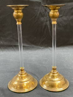 Pair Vintage Brass & Lucite Candle Holders: Pair of vintage brass and lucite candle holders. Measure approx 3.5 x 9 inches. Some wear including scratching observed. Candle holders, brass candle holder, lucite candle holder, homewares, home deco