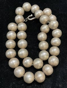 Vintage Signed Silver Beaded Necklace: Vintage silver beaded necklace. Signed on clasp illegibly. Silver, purity unknown. Drop length approx 8 inches. Total weight 43.8 grams. Some wear including scratching observed. Jewelry, estate jewelr