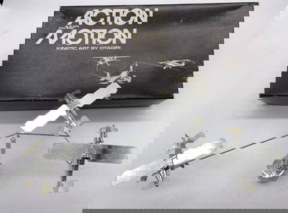 Action & Motion Kinetic AIRPLANE Art W BOX JAPAN: Action & Motion Kinetic AIRPLANE Art W BOX JAPAN Kinetic art by OTAGIRI. 15/71 AIRPLANE. MADE IN JAPAN. Surface wear consistent to age, use & exposure. Measurements: width 10.5in x height 5in. Vintage