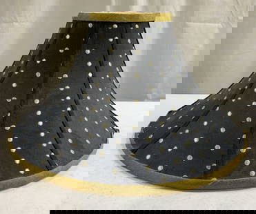 Polka Dot Mackenzie Childs Lamp Shade Black: Shade appears to be Mackenzie Childs (no apparent markings). Lamp shade is black with silver toned embroidered polka dot detail. Top and bottom edges are lined with olive toned fabric. Interior is sal
