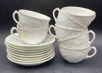 Set 15 COALPORT COUNTRYWARE ENGLAND Tea Serv: Set of 15 COALPORT COUNTRYWARE ENGLAND Vintage Porcelain Teacups & Saucers. White hued. Embossed foliage motifs. Saucers measure approx. 6L x 6W in. Undersides signed COALPORT, COUNTRYWARE, MADE IN EN