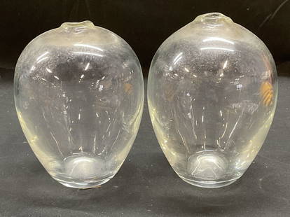 Pair Clear Hand Blown Art Glass Bud Vases: Pair of clear hand blown art glass bud vases. Sizes vary slightly, approx 4 x 5.75 inches. Thick walled glass, pieces have weight. Some scratching observed. Art glass vase, glass vase, vase, bud vases
