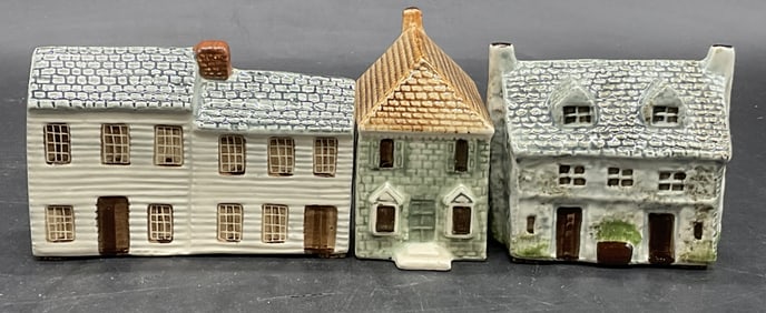 3 Vtg Hand Painted Ceramic House Figurals, Sign+