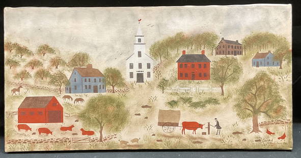 Country Stencilers Farm Scene Folk Art Painting: Country Stencilers stencil painting on canvas. Signed at lower right. Pastoral farm scene with animals, barn, and village. Measures approx 12 x 24 inches. Some wear consistent with exposure. Art, folk