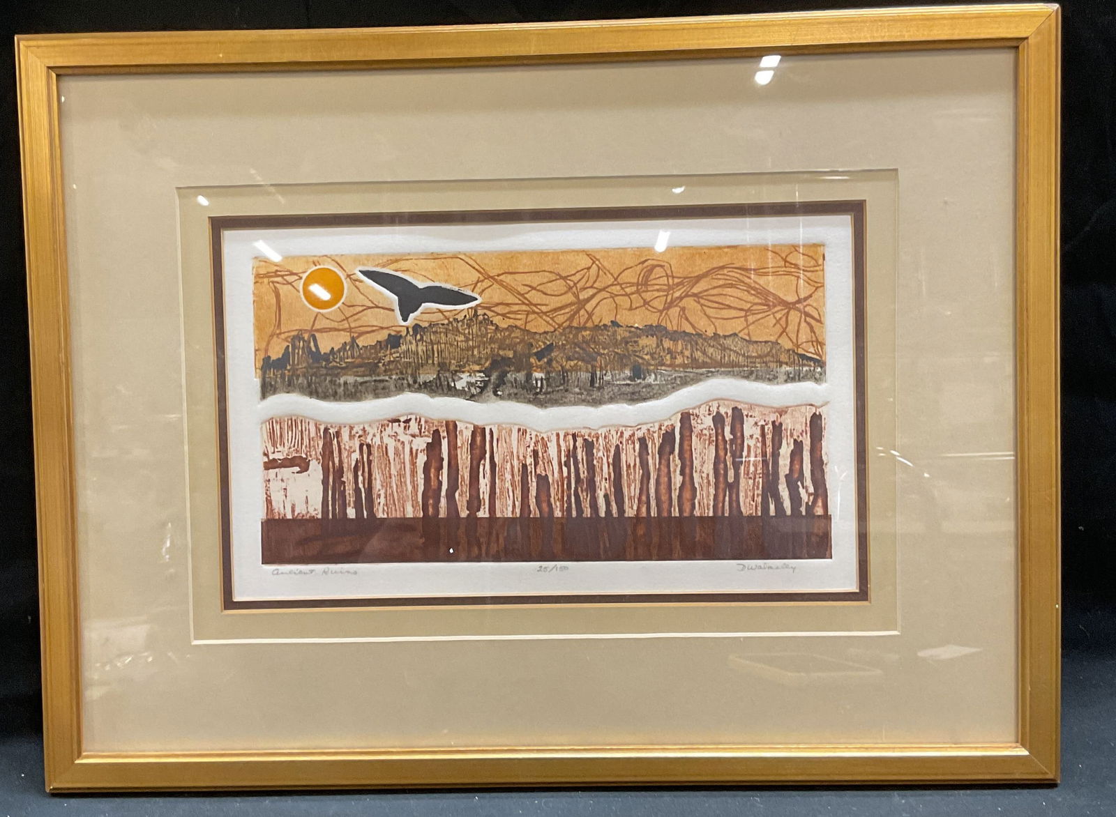 Signed D Walmsley Ancient Ruins Etching: Framed and matted color etching. Signed at lower right D Walmsley. Titled Ancient Ruins. Edition number 25/150. Abstract landscape with bird and sun. Gilt wood frame. Not examined out of frame. Frame