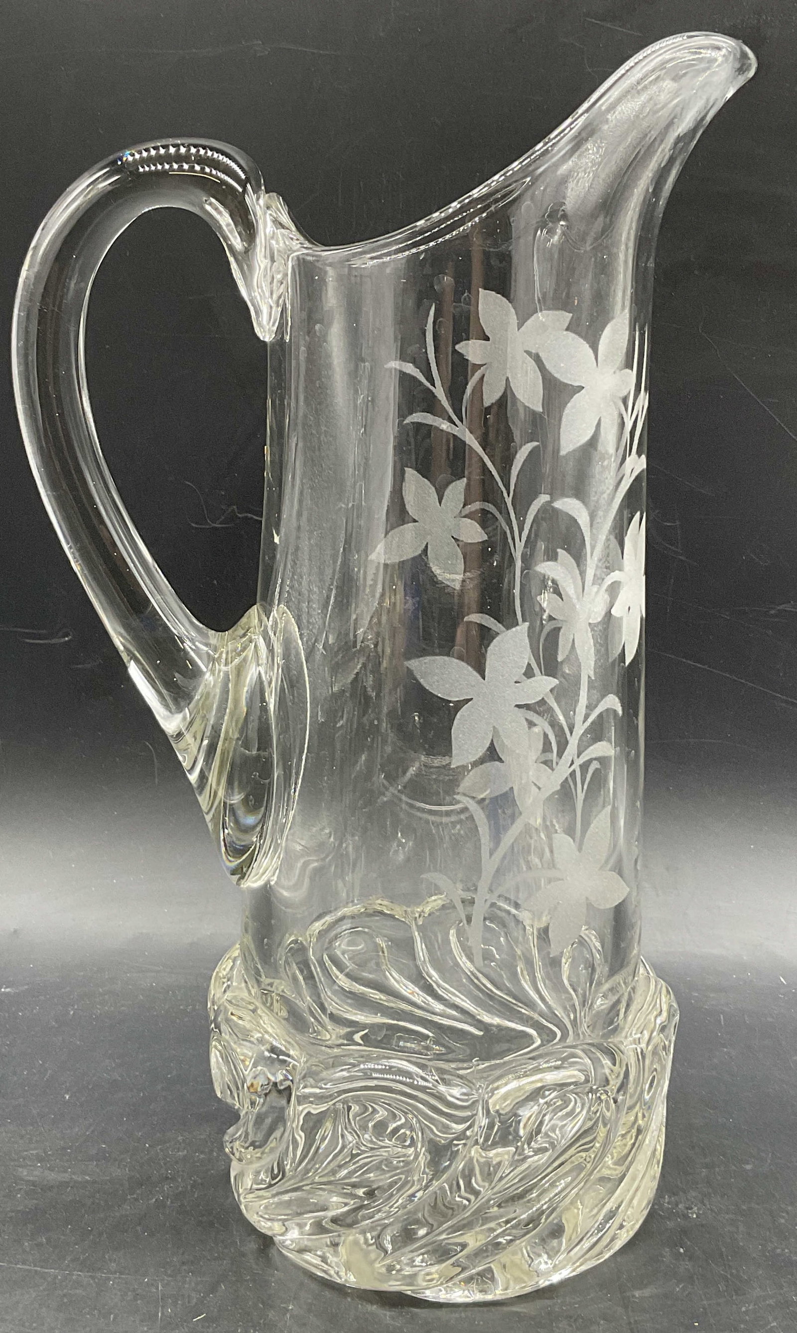 Vintage Frosted Floral Motif Glass Pitcher: Vintage Frosted Floral Motif Glass Pitcher. Thick walled and weighty. Crafted from frosted and clear glass. Measures approx. 11.75H x 7W in. Surface wear, residue, and chipping present. home decor, ho