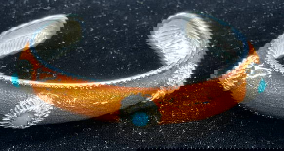 Vtg Joseph Esposito Sterling Silver Cuff Bracelet: Vintage Joseph Esposito sterling silver cuff bracelet. Orange enamel and turquoise stones. Signed Espo Sig. marked sterling. Measures approx 2.5 inches wide. Total weight 40.5 grams. Some wear includi
