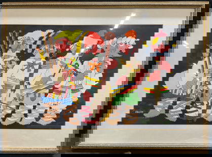 Signed Jovan Obican Musician Oil Painting: Framed and matted oil painting. Signed at lower left Obican. Jovan Obican (French, 1918-1986), was a painter and lithographer best known for his depictions of folklore. Group of four musicians in