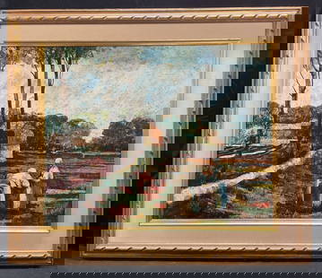Sgn Donald Roy Purdy Harvest Oil Painting: Framed oil on Masonite painting, circa mid 20th century. Signed at lower right, Purdy. Donald Roy Purdy (American, 1924-2016), was a painter of modernist still life, landscape, and figure scenes. Mode
