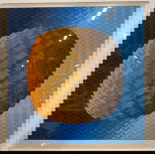 Signed Victor Vasarely Koskota Silkscreen: Framed and matted silkscreen print. Signed Victor Vasarely at lower right, edition number 53/250. Koskota. Op Art. Geometric form in blue and orange. Victor Vasarely (Hungarian/French, 1906-1997) was