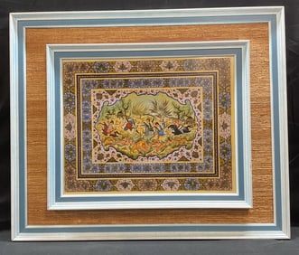 Framed Persian Hunting Scene Painting