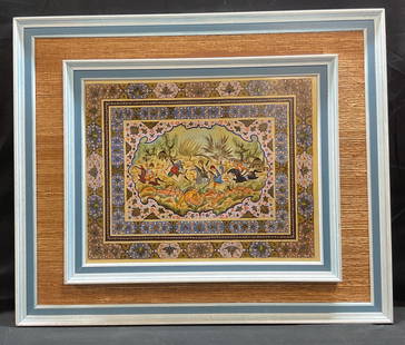 Framed Persian Hunting Scene Painting: Framed Persian painting. Hunting scene with figures on horseback and animals. Ornate decorative painted border with gilt detail. Faux bone composite board, medium unknown. Blue wood frame, not