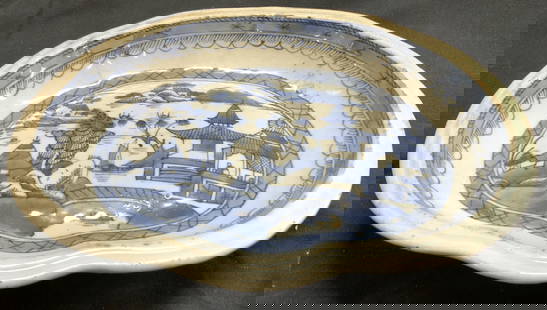 Antique Hand Painted Asian Ceramic Dish: Piece appears to be antique possibly vintage. Asian ceramic dish, white with hand painted blue toned landscape and geometric detail. Dish measures approximately 10.25 inches wide 8 inches deep.