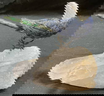 Carved Quartz, Lapis Semiprecious Stone Bird: Hand carved semiprecious stone bird figural. Quartz and lapis lazuli with green stone. Measures approx 6 x 3.25 x 4.5 inches. Total weight 589.2 grams. Bird is loose on base. Bird, bird figural, semip