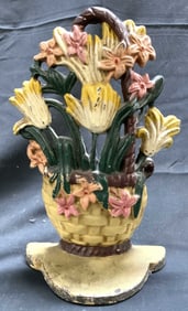 Antique Hand Painted Floral Iron Door Stop
