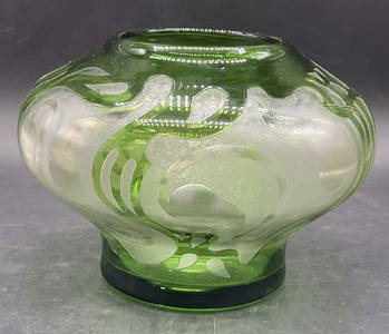 Vintage Art Nouveau Style Green Cameo Glass Vase