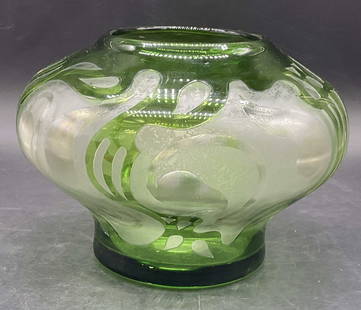 Vintage Art Nouveau Style Green Cameo Glass Vase: Vintage Art Nouveau Style Green Cameo Glass Vase. Primarily green, frosted, and clear glass hues with accents of gold tone paint. Measures approx. 5.5H x 7W in. Losses to paint, losses to finish, disc