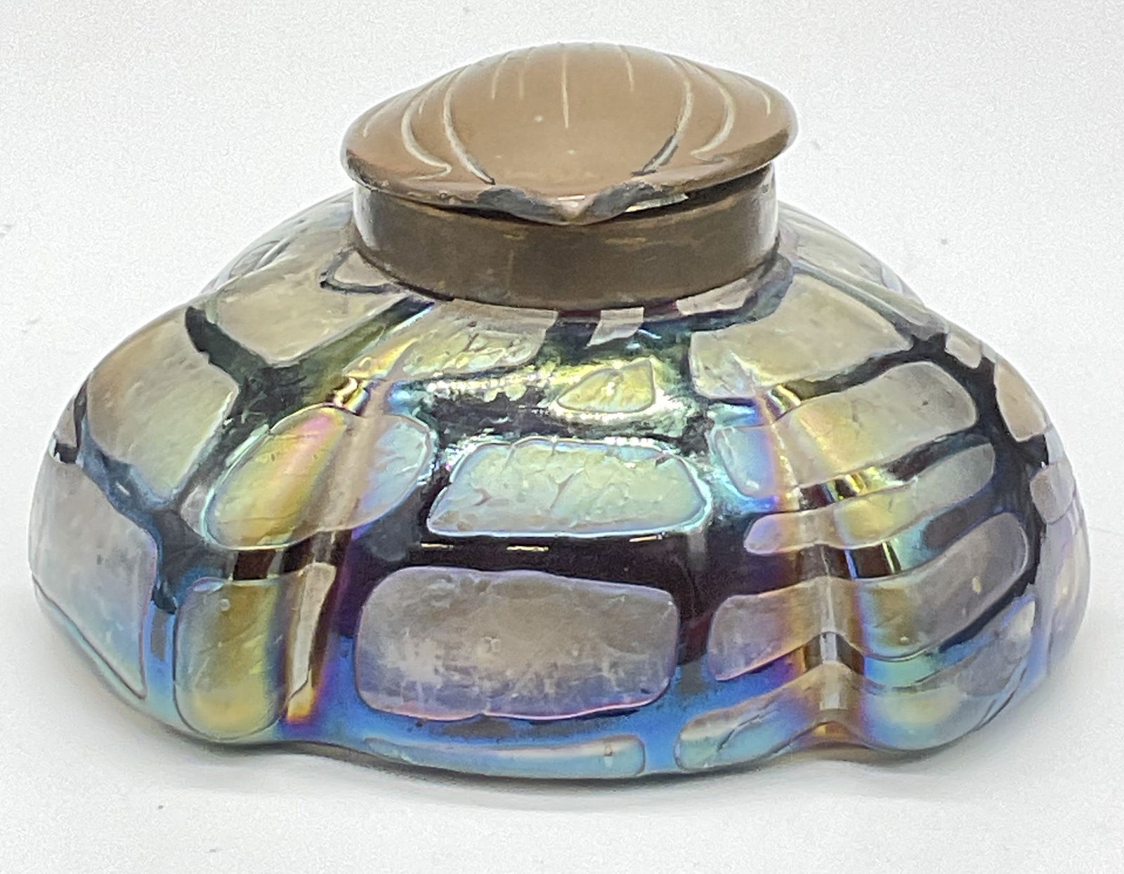 Vintage Art Nouveau Style Iridescent Glass Inkwell: Vintage Art Nouveau Style Iridescent Glass Inkwell. Organic shape, resembling a stylized cloud, to the body of the inkwell. Metal hinged lid. Possibly produced by Loetz or Kralik. Measures approx. 2.5