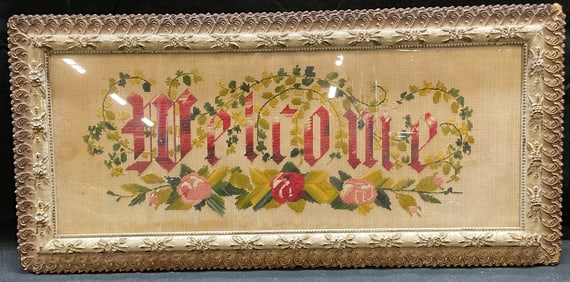 Framed Welcome Embroidered Needlework Panel
