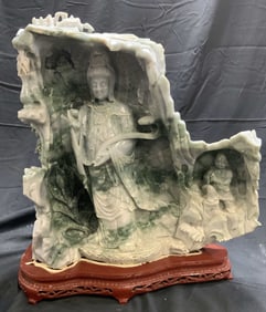 GUAN YIN & Child Asian Jadeite Sculpture W Base