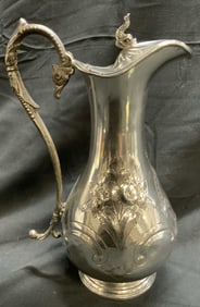 Silver Plate Vtg Engraved Foliate Pitcher W Lid