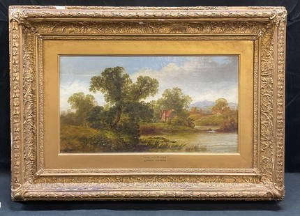 Antq Alfred Vickers Near Stockbridge Oil Painting: Framed antique oil painting. Attributed to Alfred Vickers (British, 19th century). Near Stockbridge, landscape scene with view of house overlooking water. Artists name on frame. Ornate wood and molded