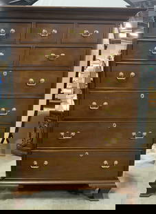 HICKORY CHAIR 9 Drawers Wood Tallboy Dresser: Interior of top right drawer has plaque which reads HICKORY CHAIR. Dresser is Vintage and wooden. Piece has 9 drawers each with gold toned brass handles and dovetailing. Measures approx 64 inches tall