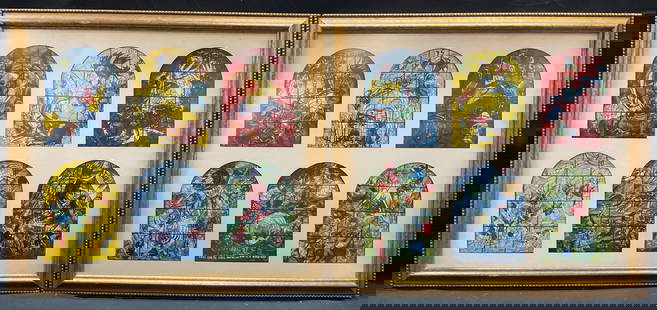 Framed Chagall Twelve Tribes of Israel Lithos: The Twelves Tribes of Israel lithograph prints based on windows designed by Marc Chagall for the Abbell Synagogue in Jerusalem. 12 lithographs matted in two frames. Gilt wood frames, not examined out