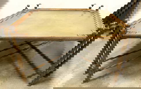 Vntg Bamboo Style Base & Brass Top Coffee Tbl: Coffee table is Vintage with light brown toned wooden, bamboo style base. Table top sits on base. Inner table top is gold toned, appears to be brass. Table Measures approximately 34 inches square 18 i